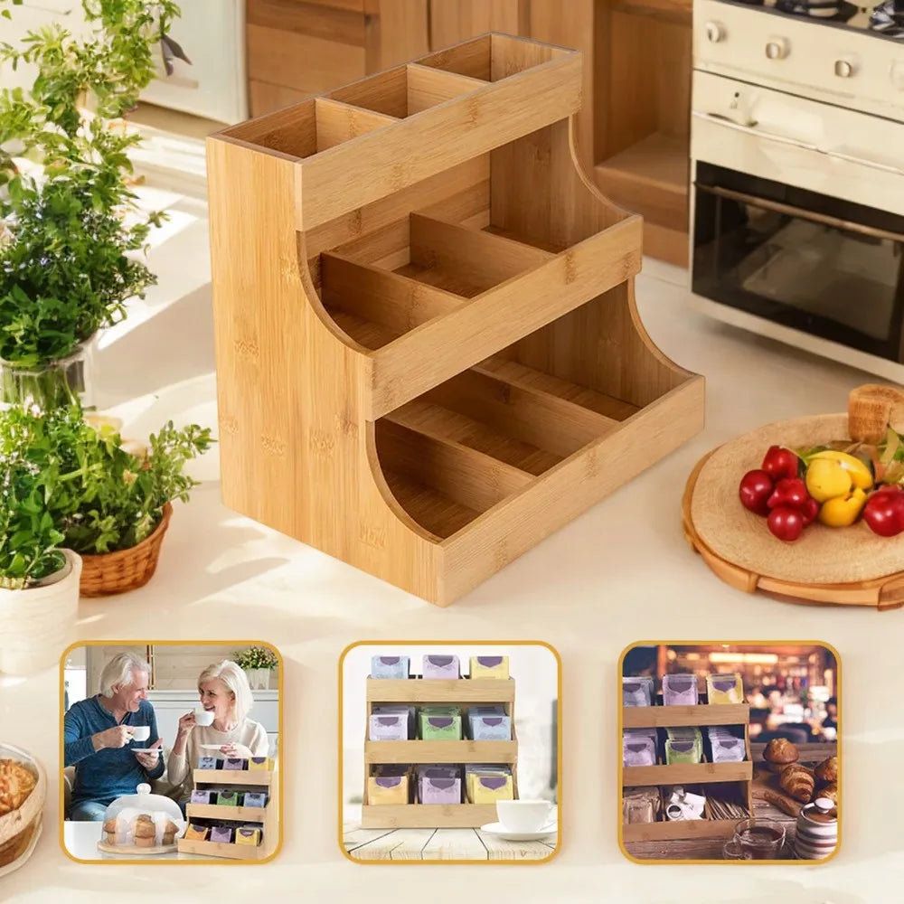 Creative Wooden Coffee and Tea Bag Holder Stand – Versatile Organizer for Kitchen, Hotel, and Jewelry Display