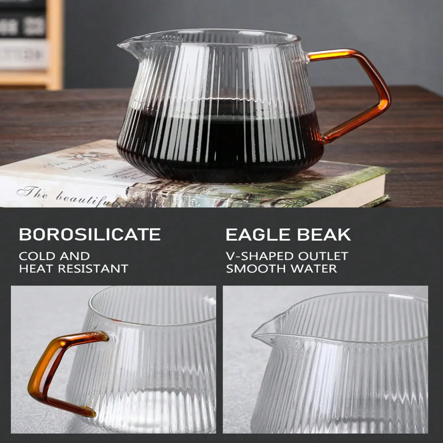 Serveur de café en verre à rayures verticales - Verser à l'épreuve de la chaleur et au micro-ondes sur la carafe