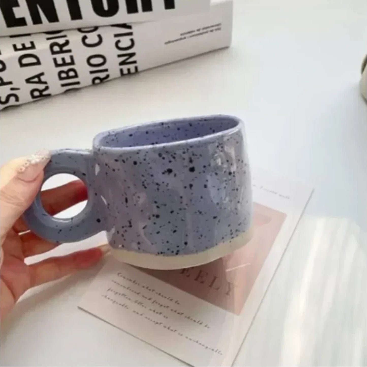 Creative Ring Handle Ceramic Mug – Korean INS Style Irregular Splash Ink Coffee Cup for Office and Breakfast Tea