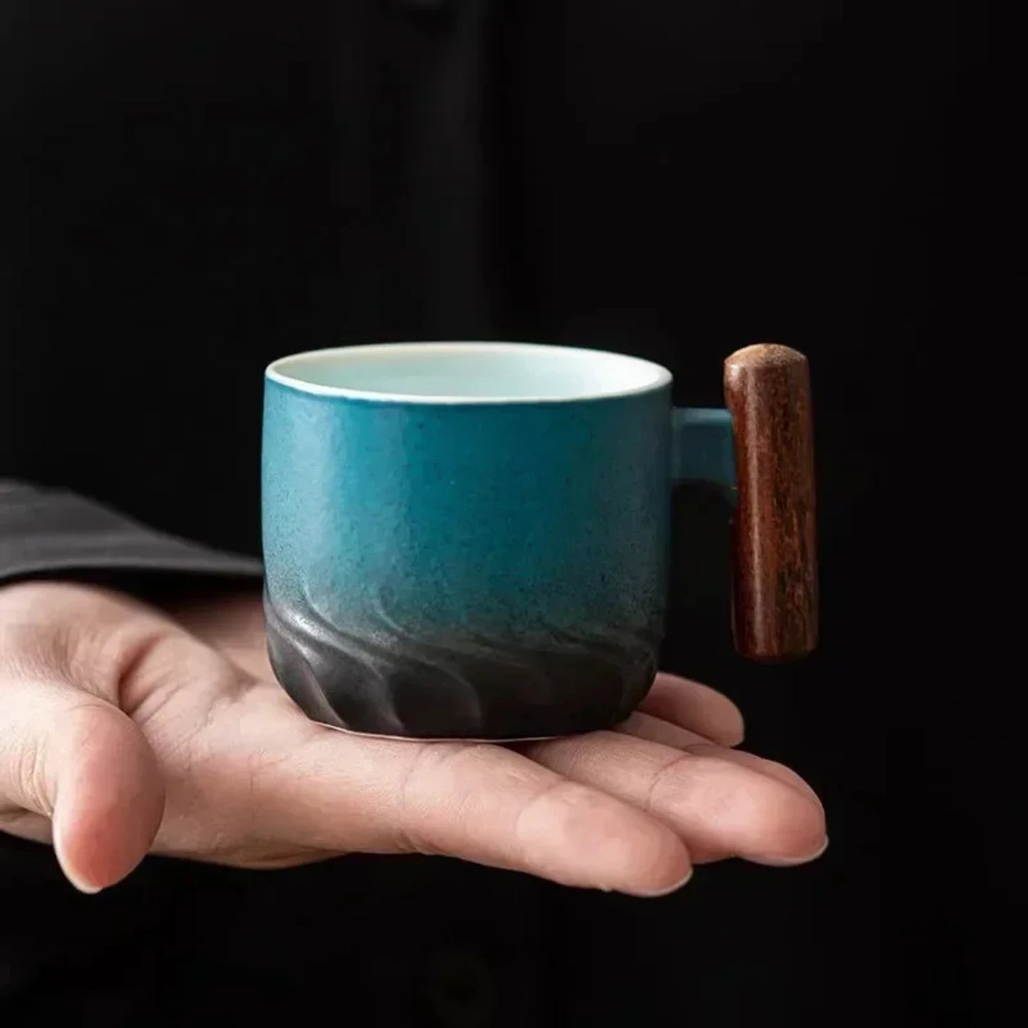 Handmade Ceramic Coffee Mug with Wooden Handle – Unique Design, Ideal for Home or Office, Perfect Gift Choice
