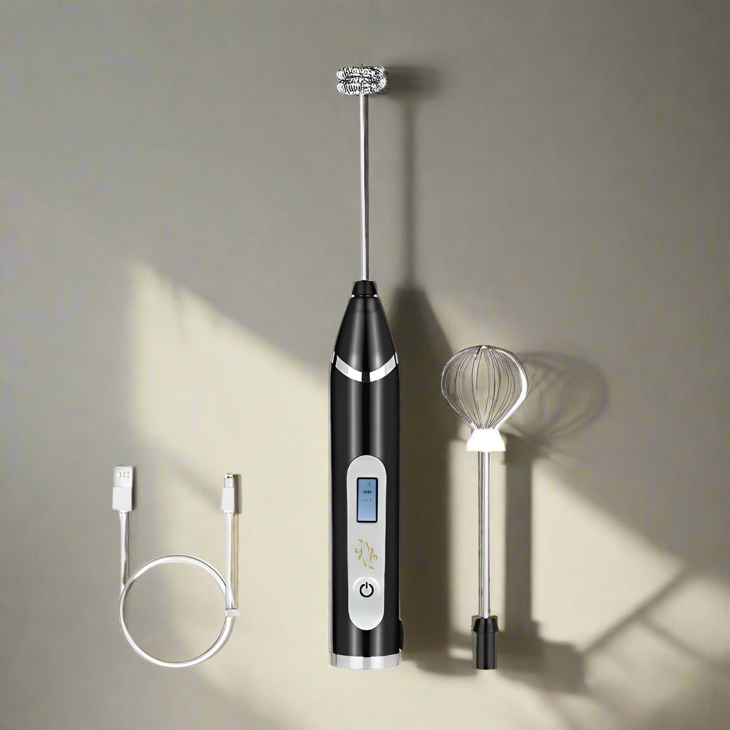 Electric Milk Frother – USB Rechargeable Handheld Whisk with LCD Display for Coffee, Cappuccino, and Cream