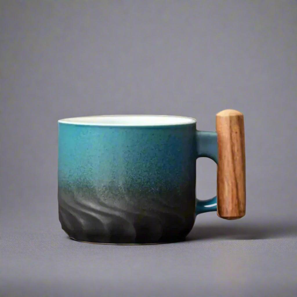 Handmade Ceramic Coffee Mug with Wooden Handle – Unique Design, Ideal for Home or Office, Perfect Gift Choice
