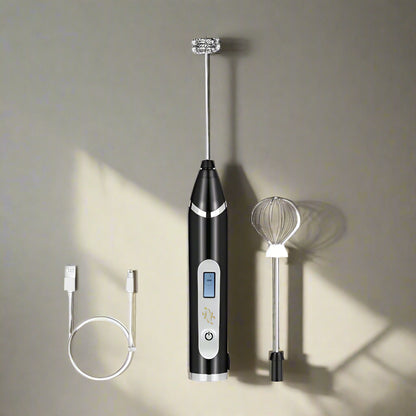 Electric Milk Frother – USB Rechargeable Handheld Whisk with LCD Display for Coffee, Cappuccino, and Cream