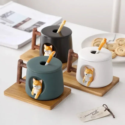 Shiba Inu Ceramic Couple Mug with Spoon and Cover - Charming and Creative Coffee Cup for Tea Lovers - Adorable and Cute