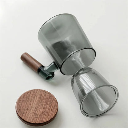 Glass Tea Cup with Walnut Wooden Handle and Lid – Elegant Design for Scented Tea and Office Use