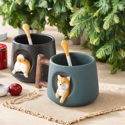 Shiba Inu Ceramic Couple Mug with Spoon and Cover - Charming and Creative Coffee Cup for Tea Lovers - Adorable and Cute